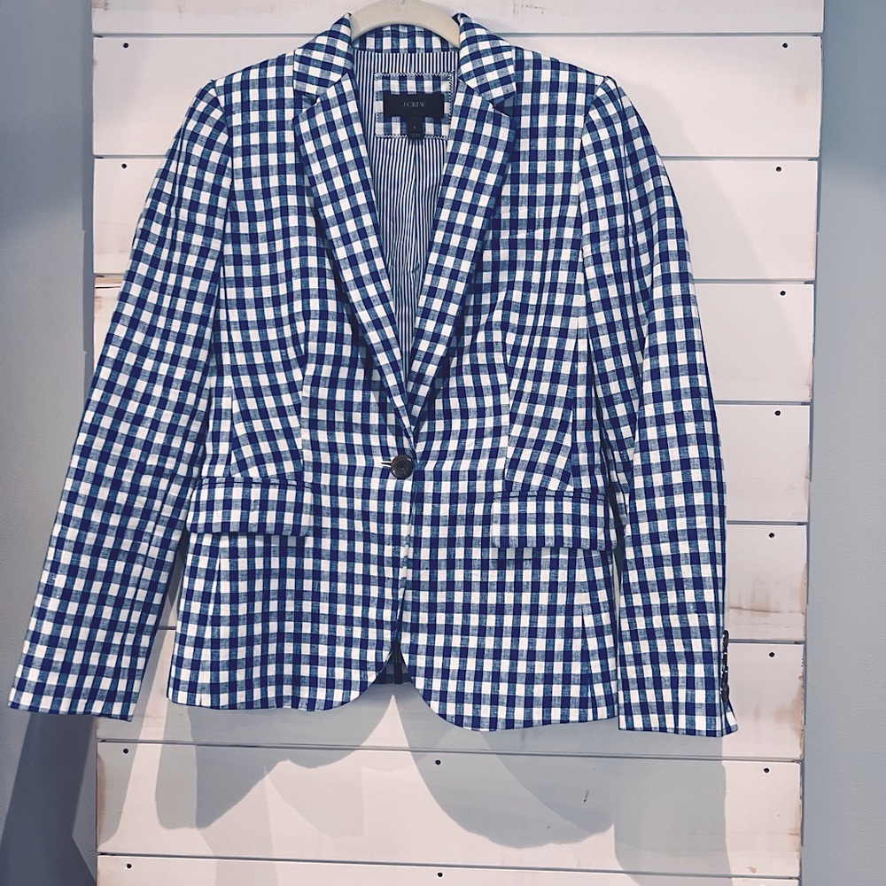 J Crew linen gingham blue and white blazer, size 2.